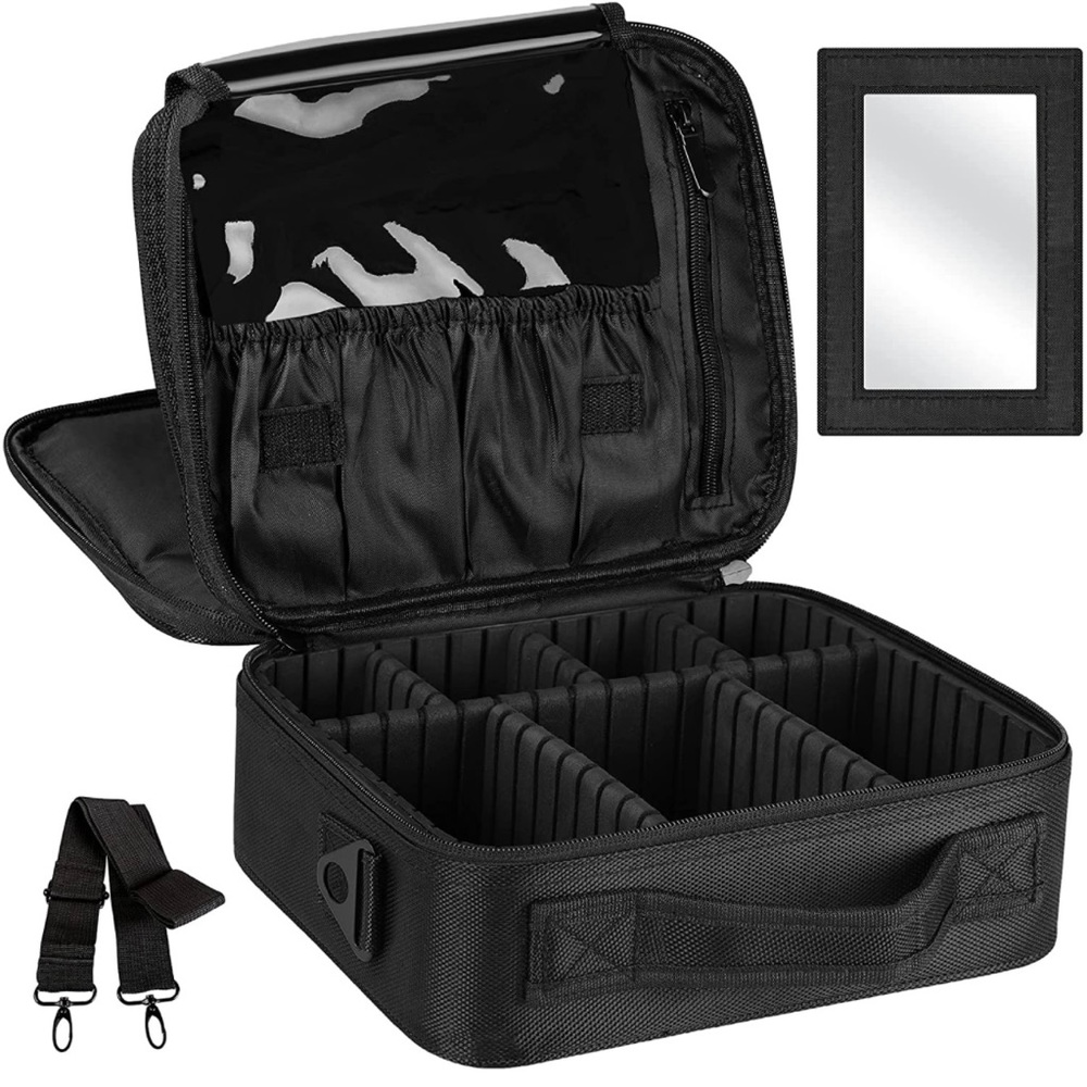 ⭐️ 2-Layers Travel Makeup Bag,Cosmetic Case Organizer with Mirror,Shoulder Strap